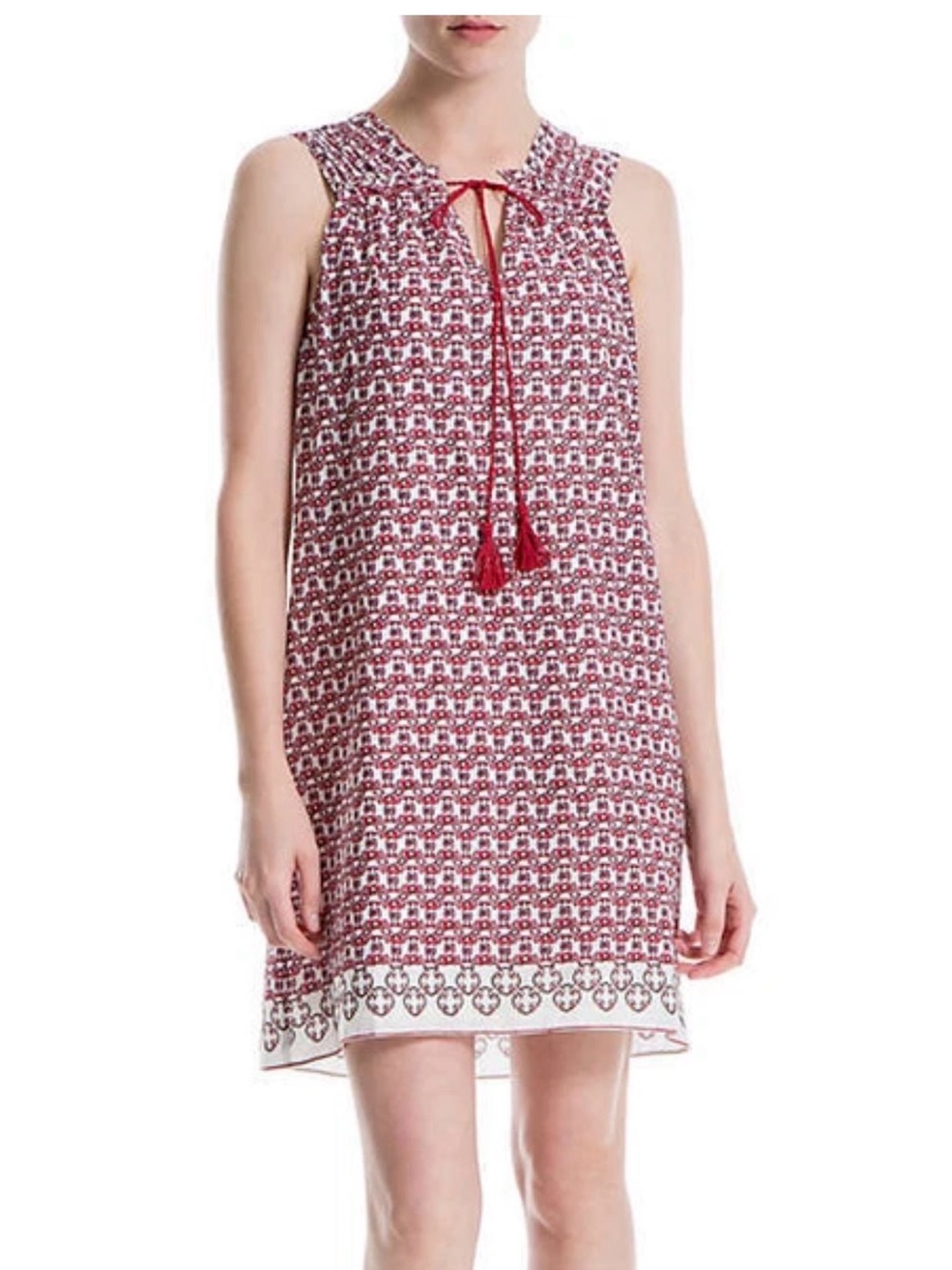 Sophie Max Red Printed Tassel Tie Sleeveless Dress, Size Medium.